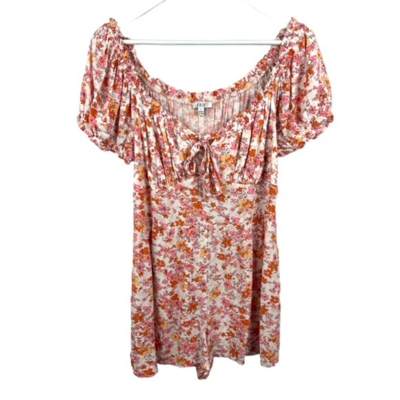 AUW Womens L Multicolor Floral Romper Cinched Waist Pleated Bust Keyhole Tie - Picture 1 of 8